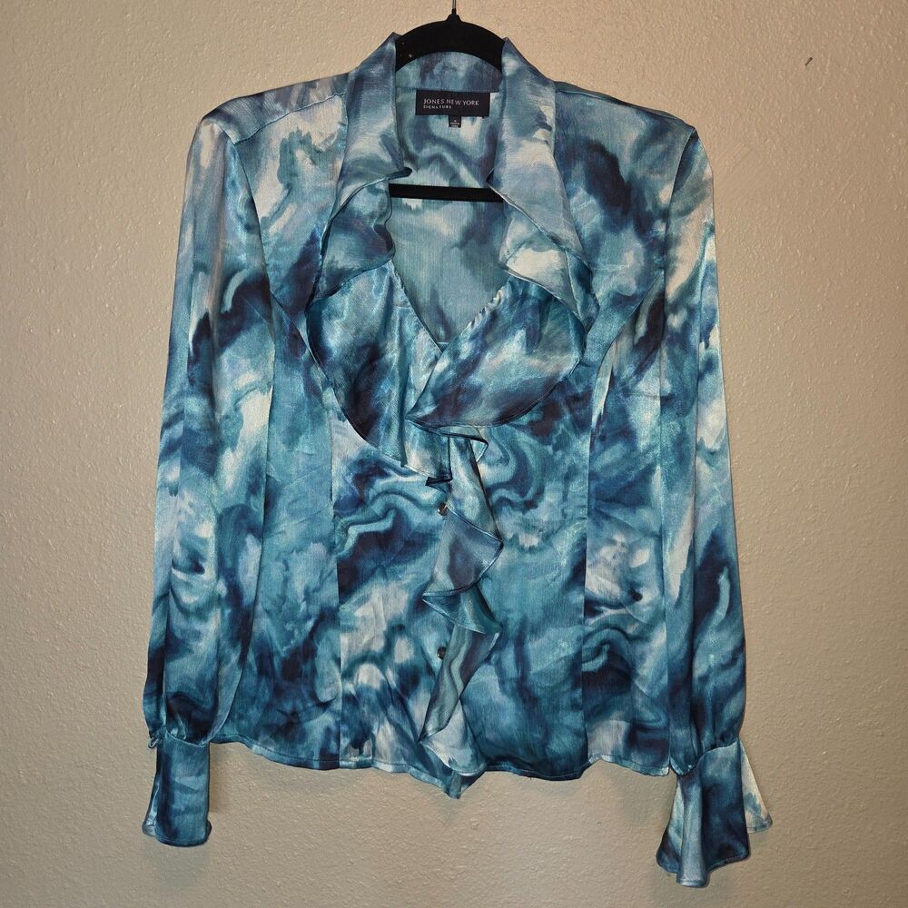 Jones New York Satin Ruffle Blouse Small - Blue Watercolor Tie Dye Top - Picture 2 of 5